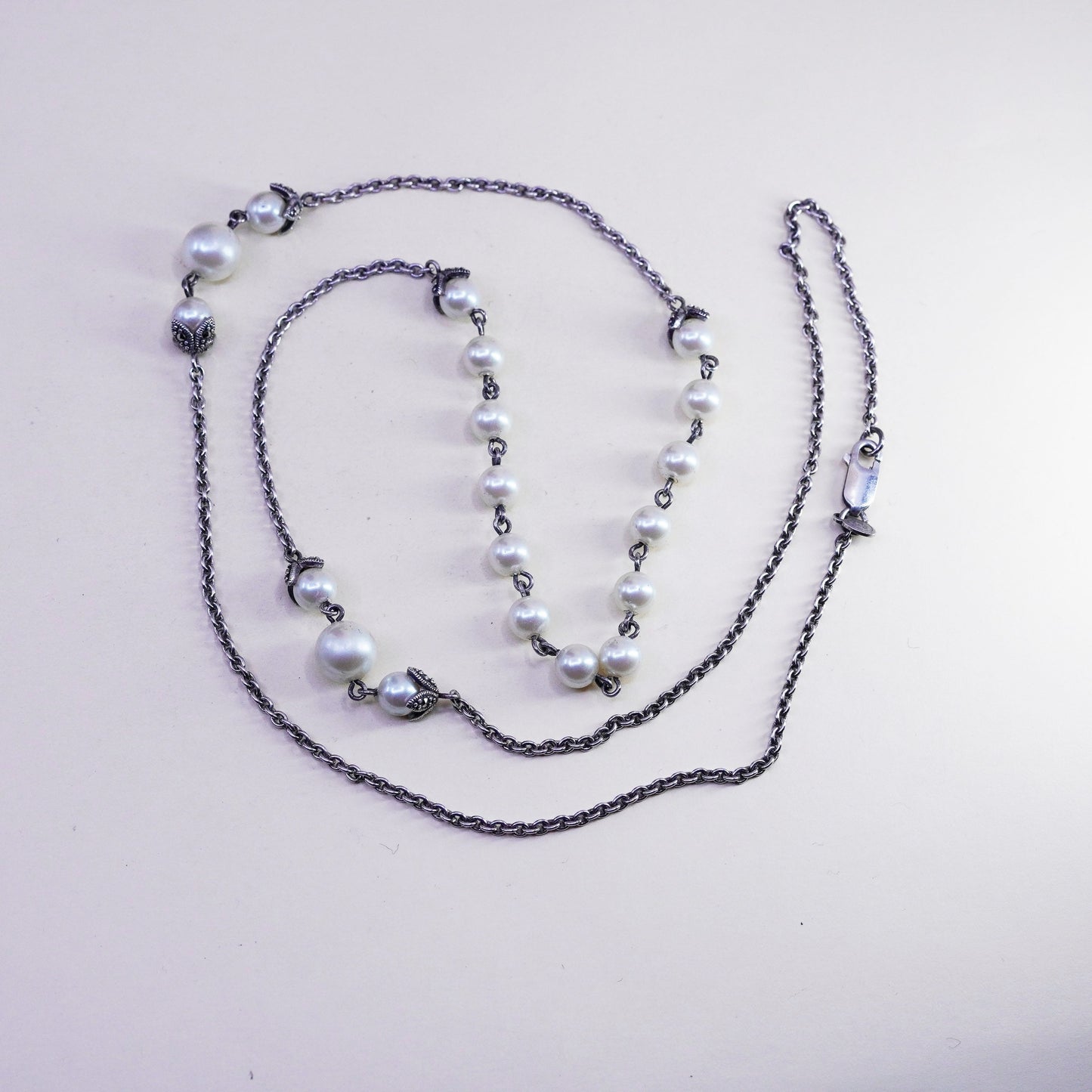 32”, Judith Jack sterling 925 silver long necklace circle chain pearl marcasite