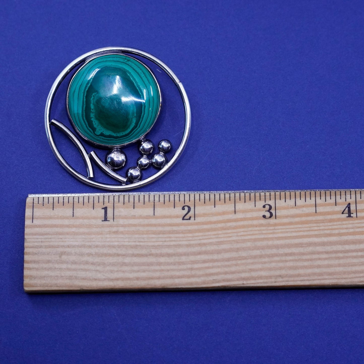 Vintage modern Sterling silver handmade circle brooch pin with malachite beads