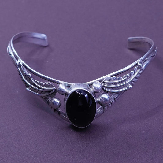 7”, Herbert Platero Navajo Sterling 925 silver bracelet cuff obsidian N leaves