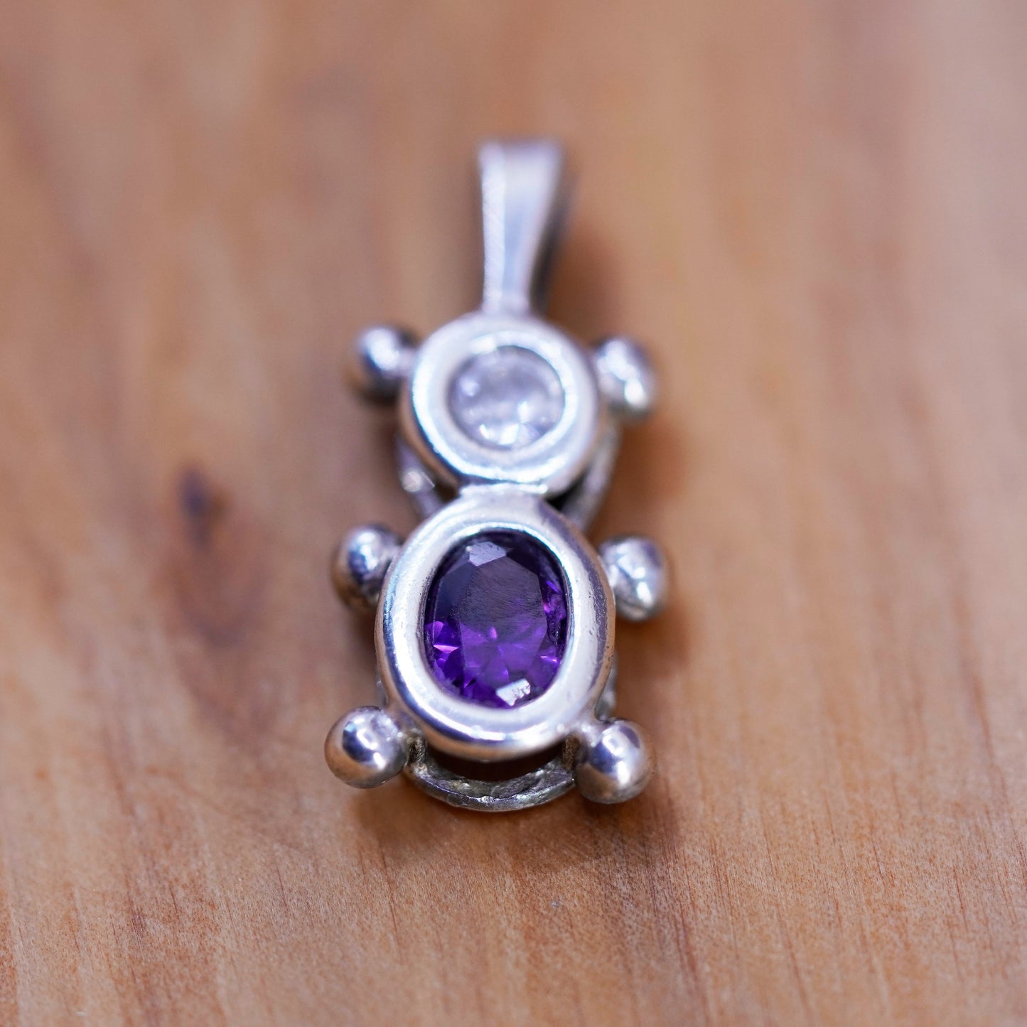 Vintage Sterling 925 silver handmade bear pendant charm w/ birthstone amethyst