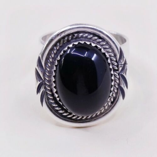 Sz 8, Native American Navajo Sterling 925 Silver Handmade Ring W/ Obsidian