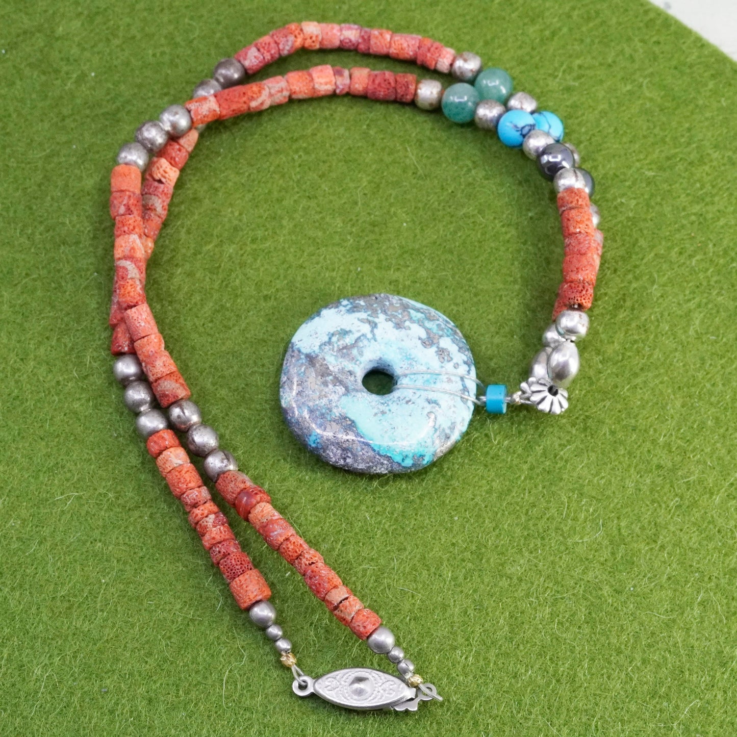 18”, native American Sterling 925 silver necklace, Red Coral heishi turquoise