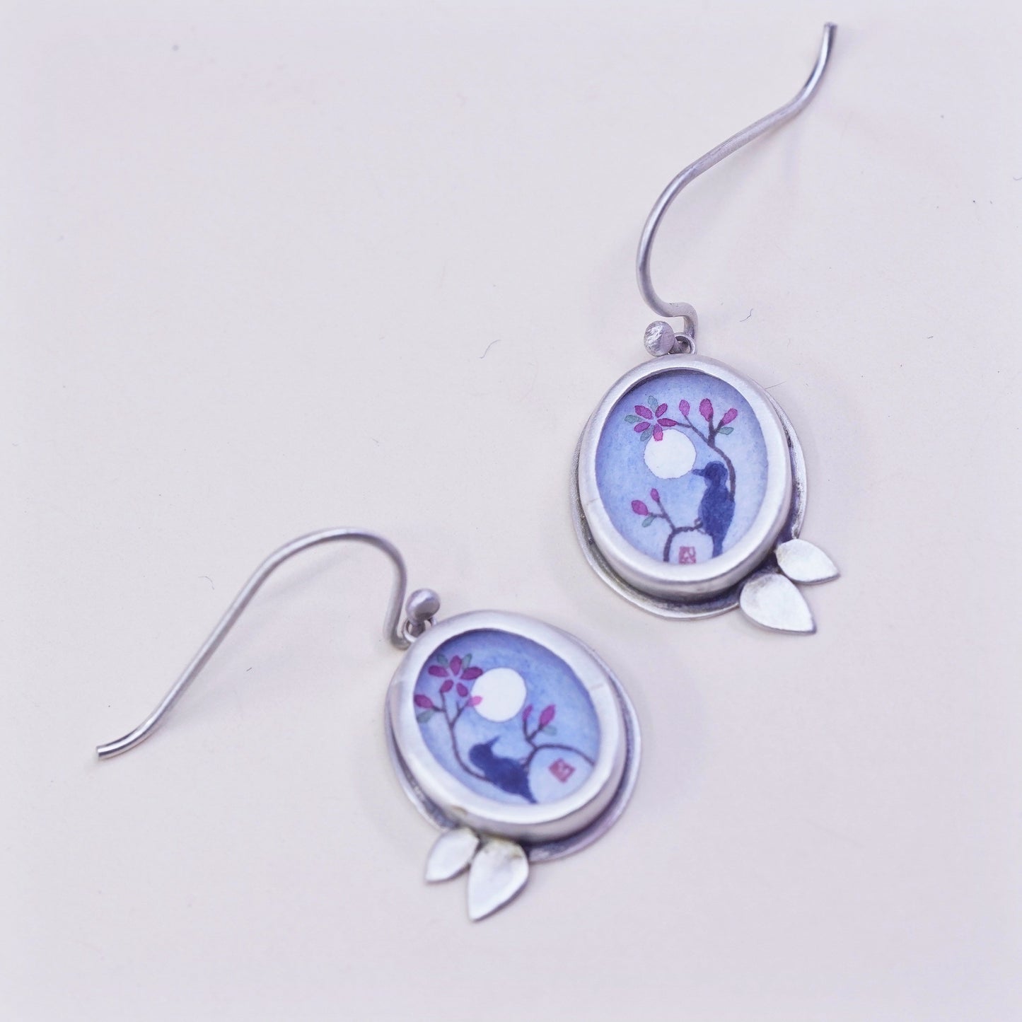 Designer Ananda KHALSA Sterling 925 silver handmade earrings, watercolor blue bird with Raven Petal, stamped 925 A