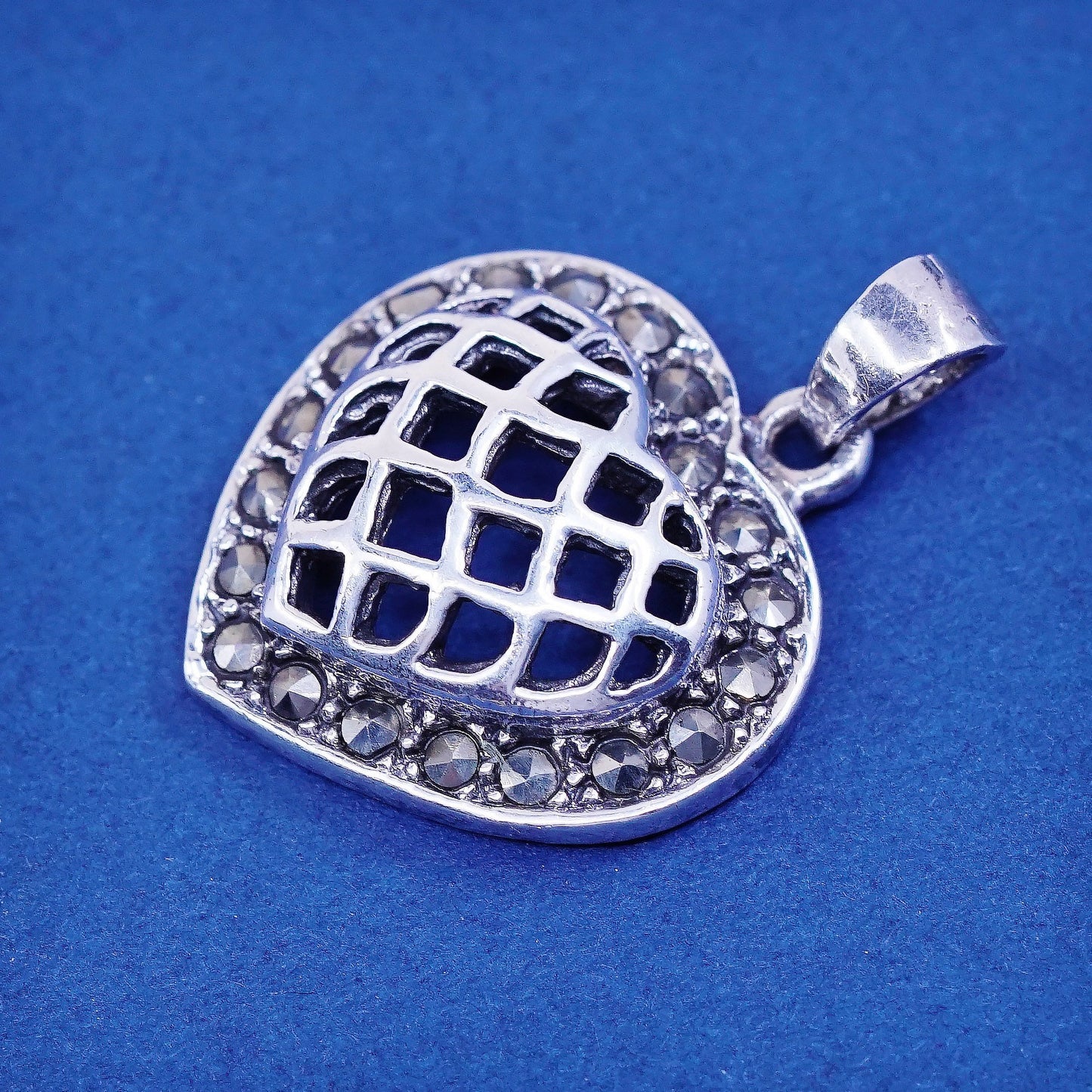 vtg Sterling silver handmade pendant, 925 heart w/ marcasite, stamped 925