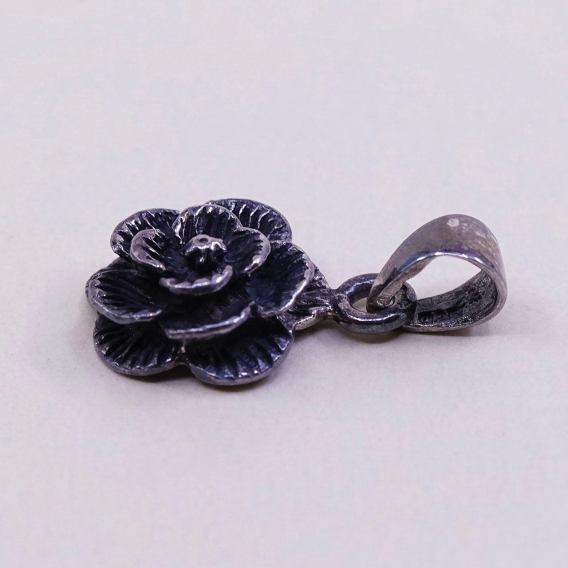 VTG Sterling silver handmade pendant, oxidized 925 silver flower, stamped 925