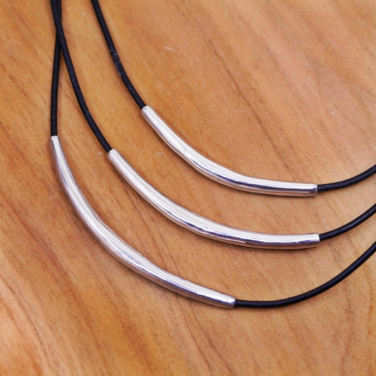 16+2”, Silpada Sterling 925 Silver Black Leather Cord 3 Bar Necklace N1571