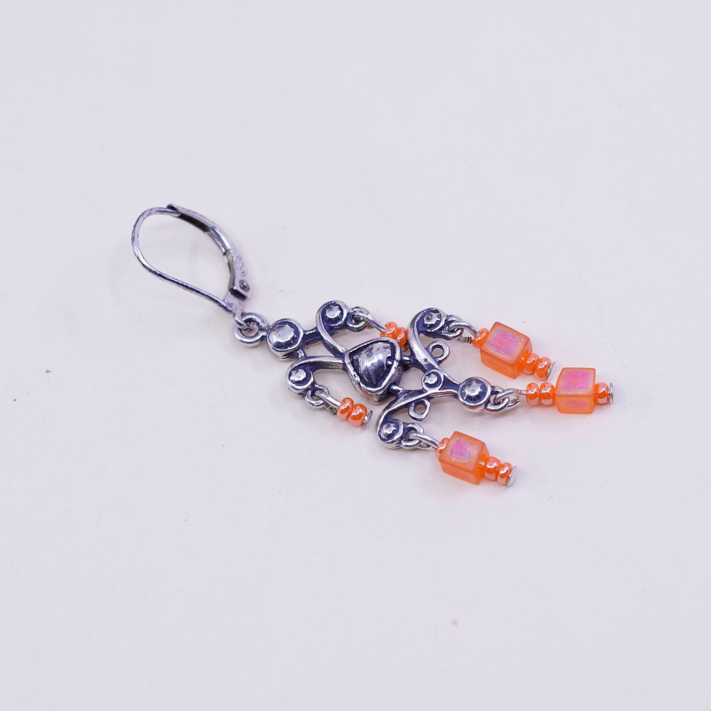 Vintage Sterling silver handmade earrings, 925 filigree heart with orange bead, stamped 925