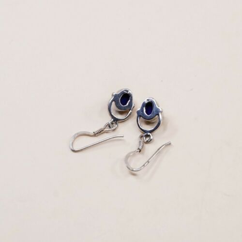 Vtg Sterling Silver Handmade Earrings, 925 Silver W/ Blue Onyx Inlay