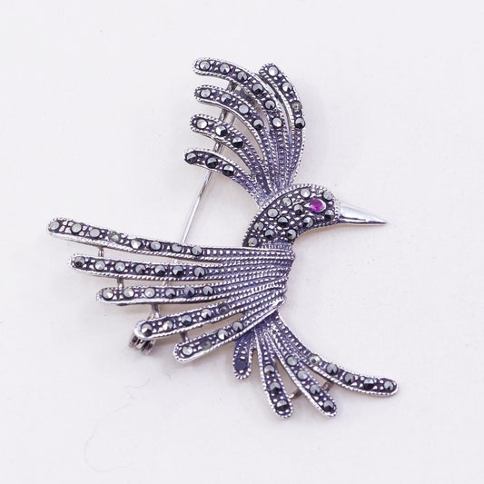 Vintage Sterling silver handmade brooch, 925 flying bird with Marcasite ruby