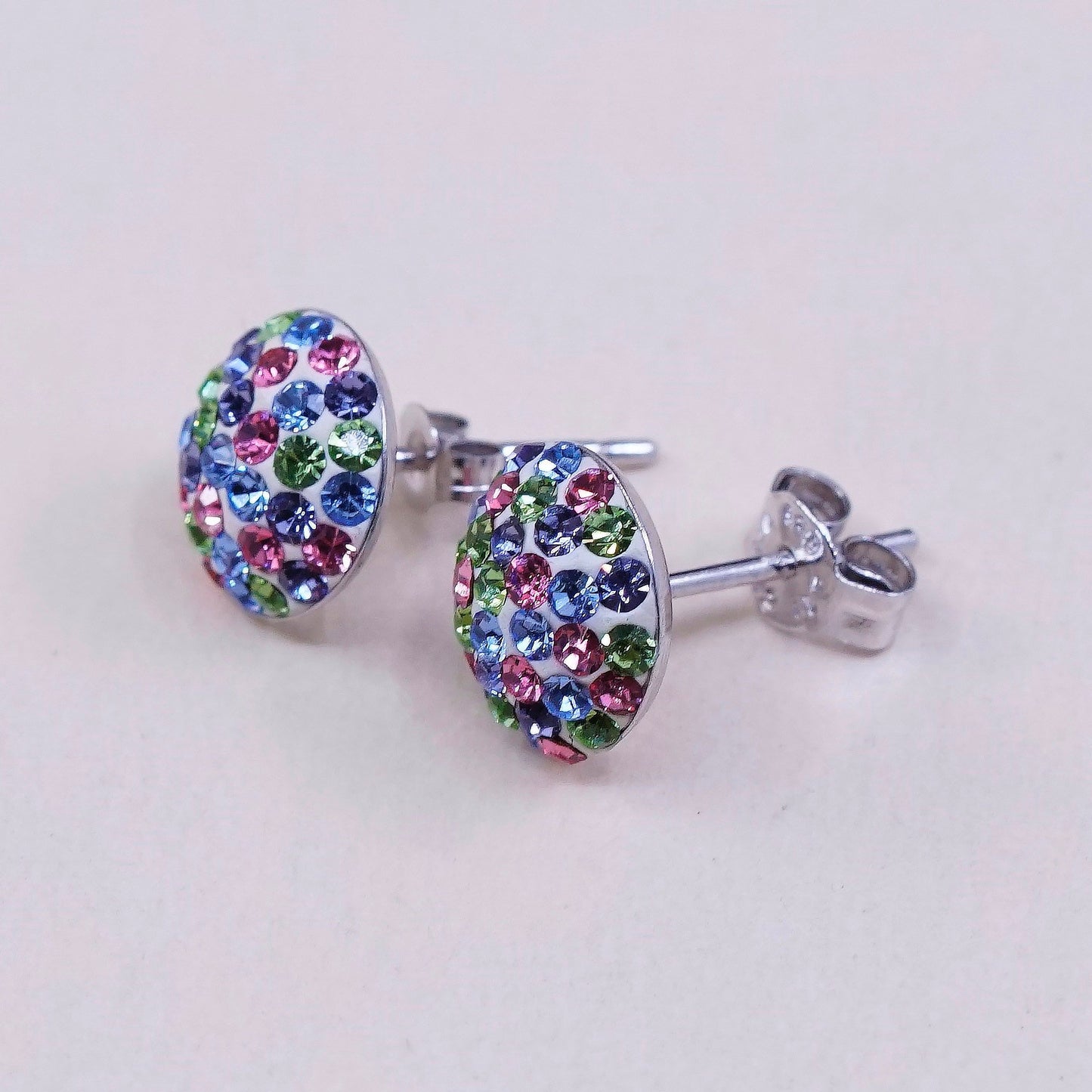 vtg sterling silver handmade earrings, 925 round studs w/ colorful cluster cz