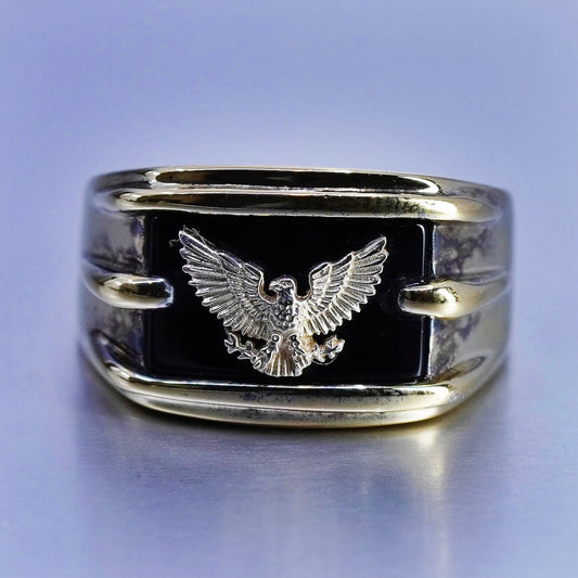 Size 11, FM Franklin Mint 925 Sterling silver 585 14k Eagle Onyx Ring, band