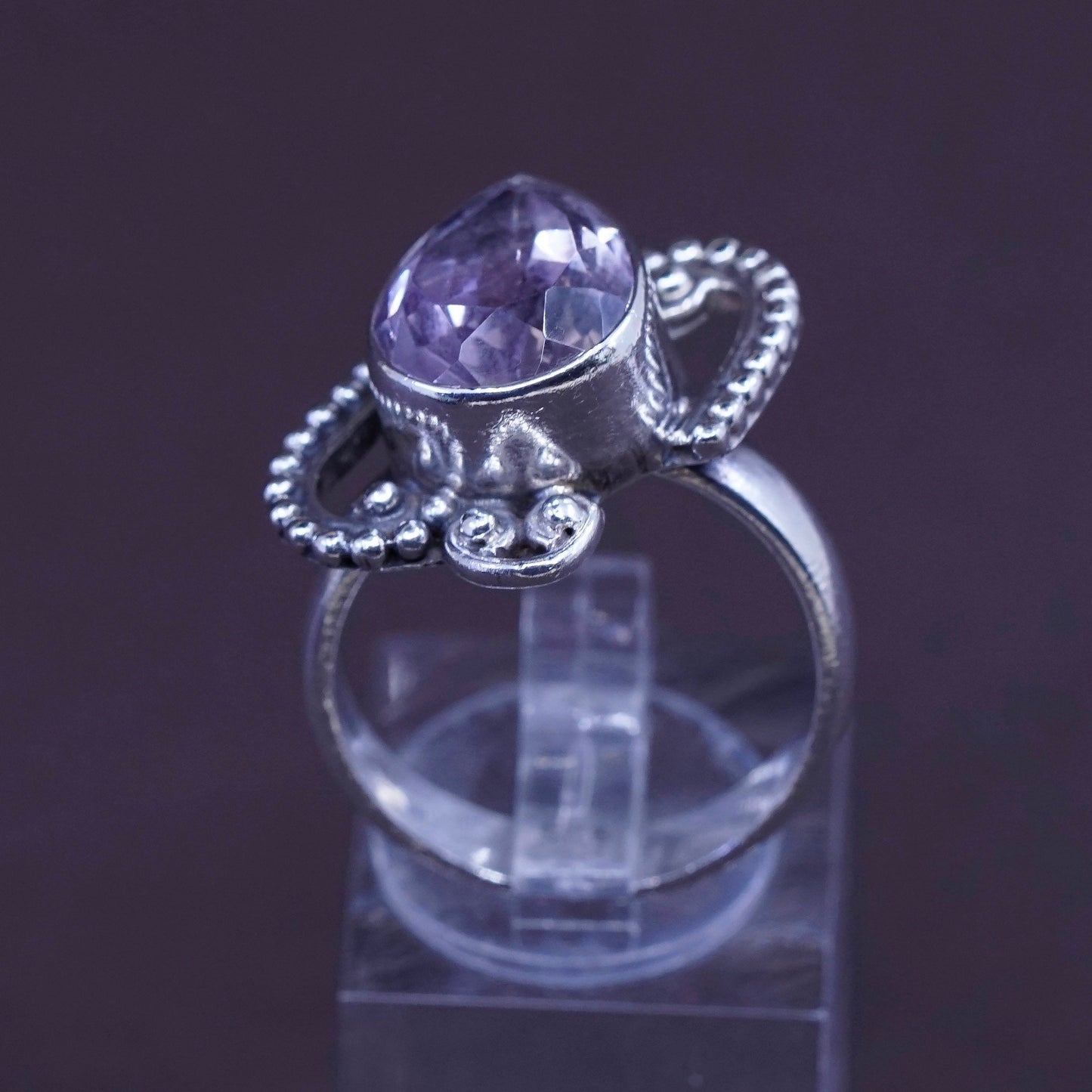 Size 8.5, vtg Sterling 925 silver handmade ring w/ teardrop amethyst N beads