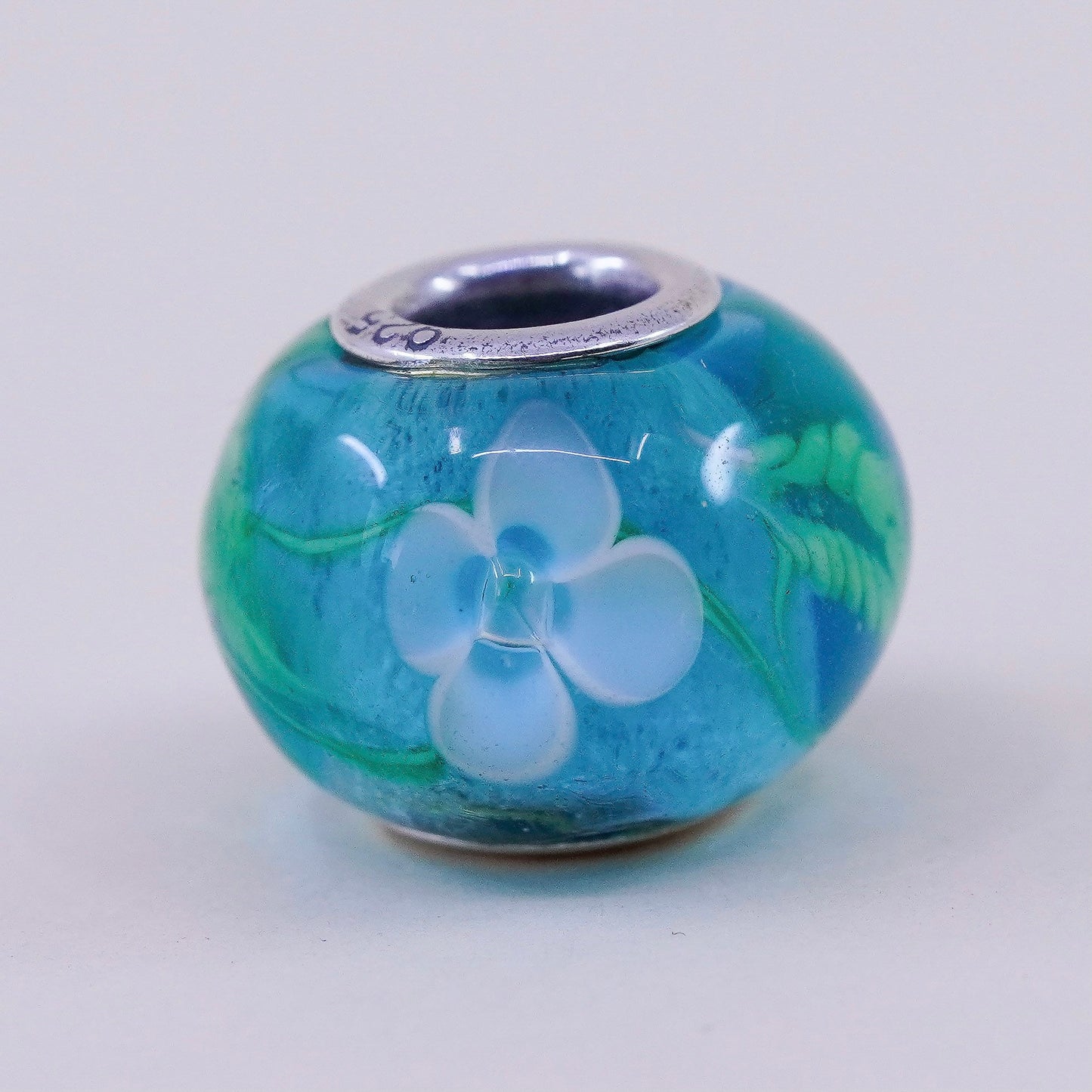 Vintage Sterling 925 silver handmade blue floral Murano glass bead charm