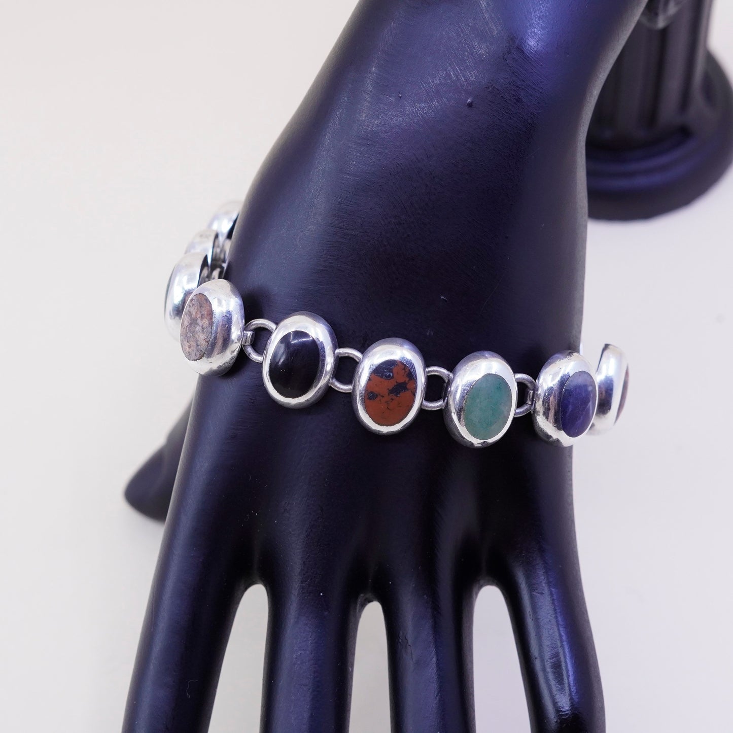 5.75”, Silpada B0428 Sterling 925 silver bracelet w/ onyx sodalite jasper jade