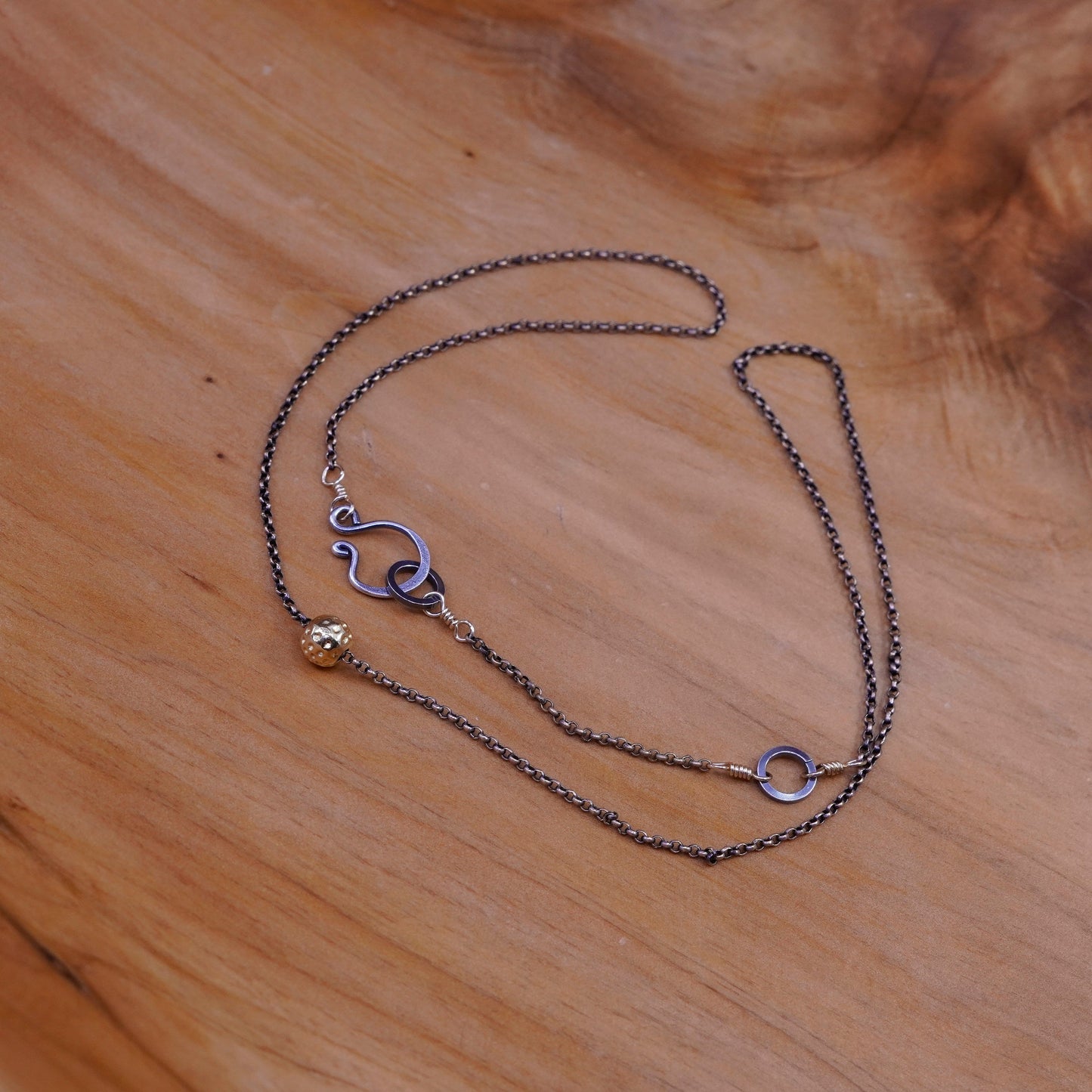 18”, 1mm, vintage silver tone necklace, copper chain with gold bead pendant