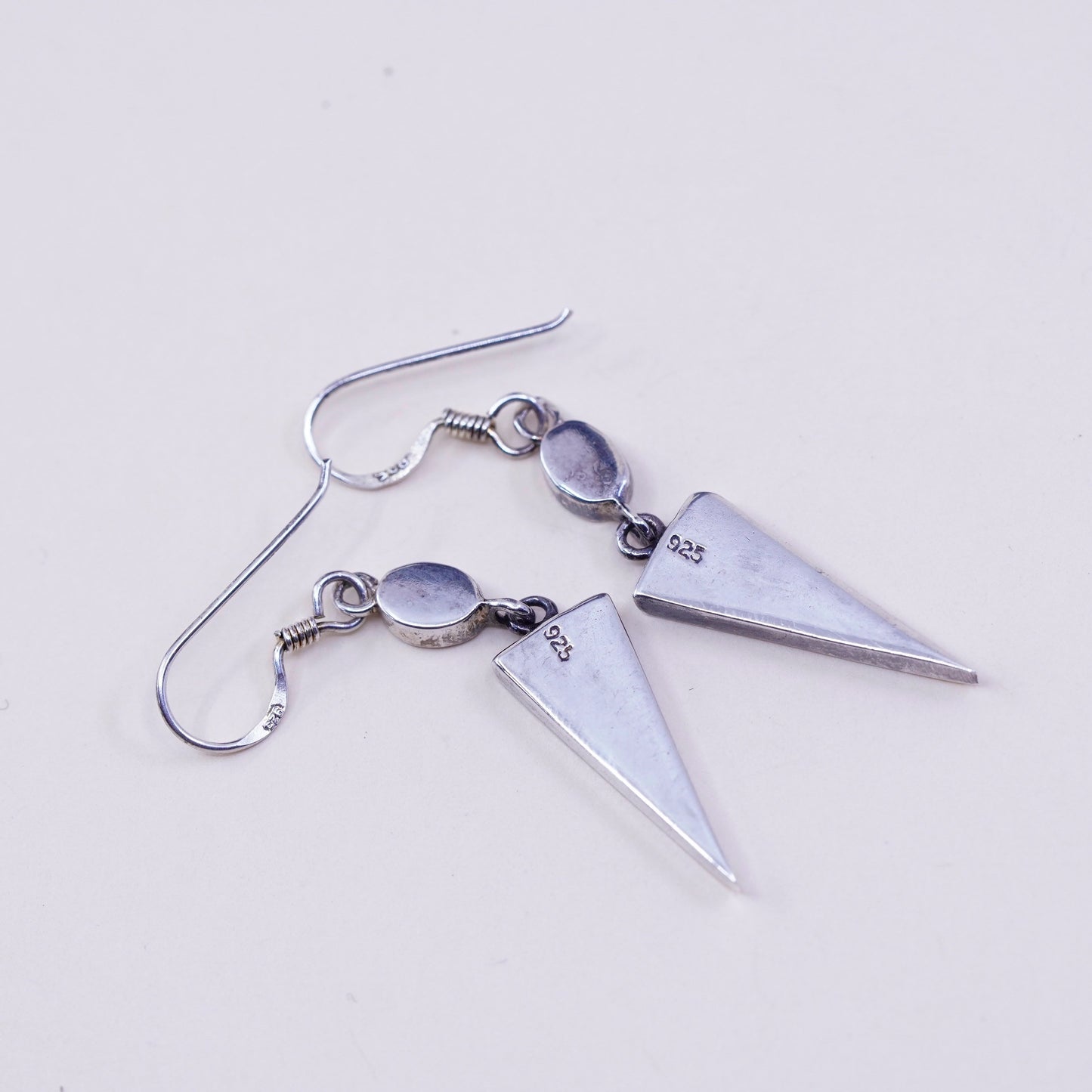 Vintage sterling 925 silver handmade earrings with triangular blue mother of pearl drop, stamped 925