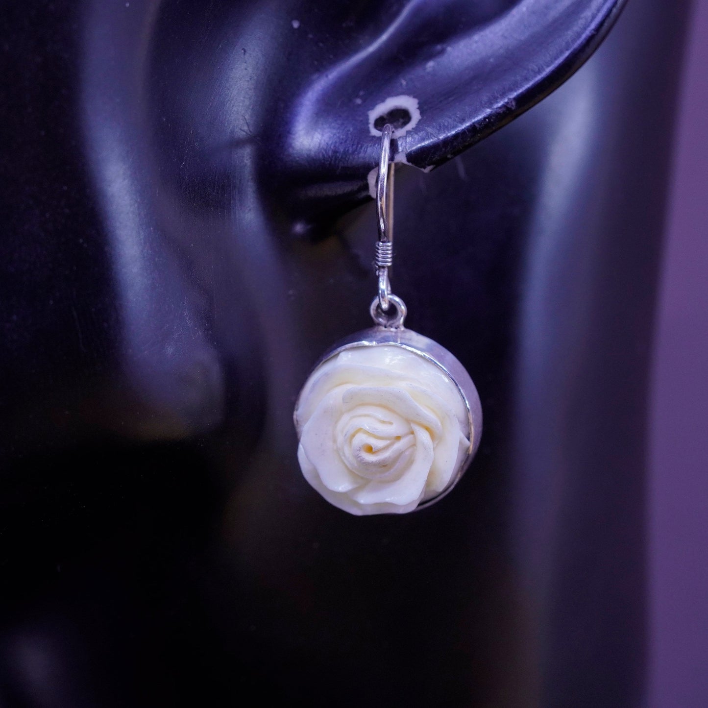 Vintage Sterling 925 silver handmade earrings, carved rose flower drops