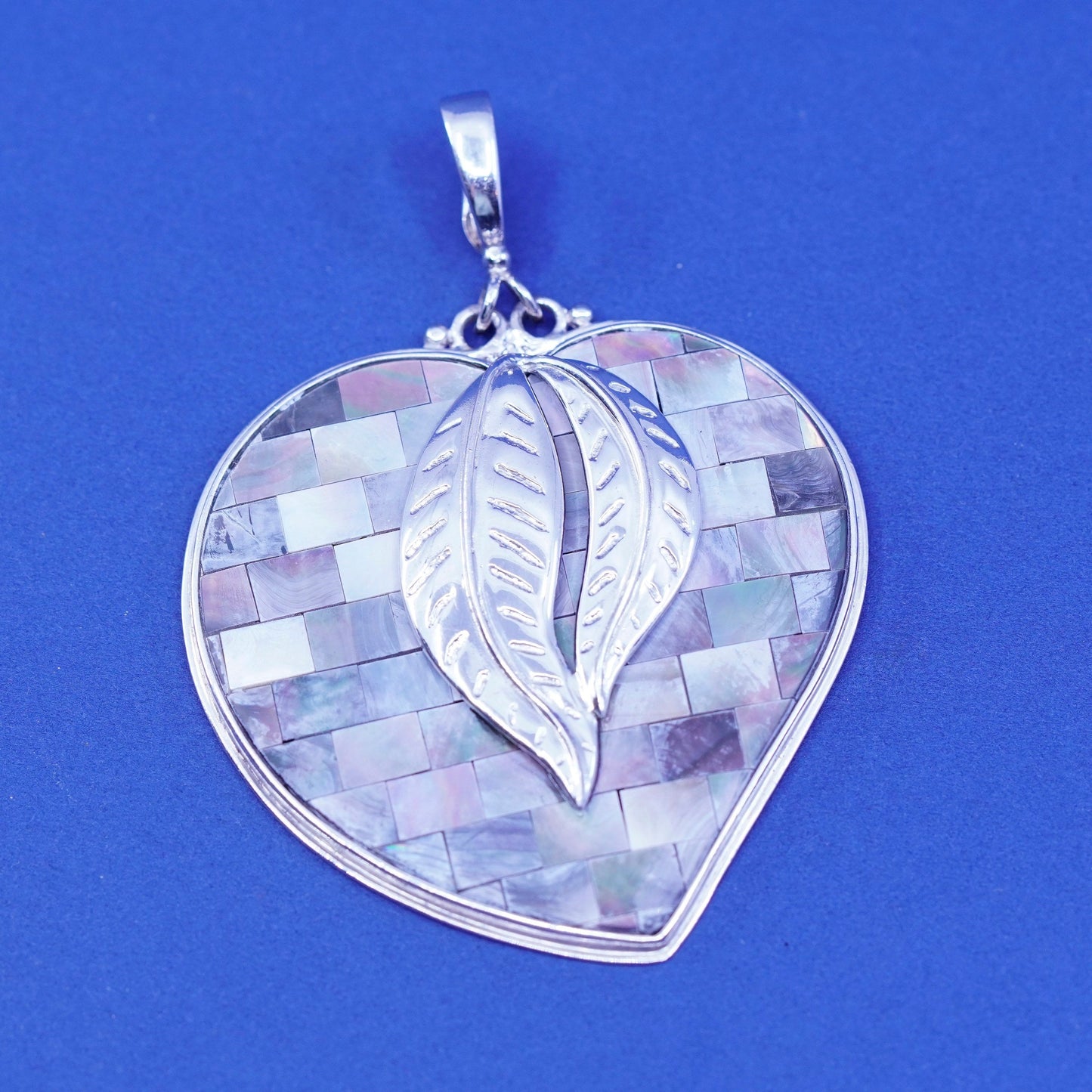 Vintage Sajen sterling silver handmade heart pendant, 925 leaves with abalone