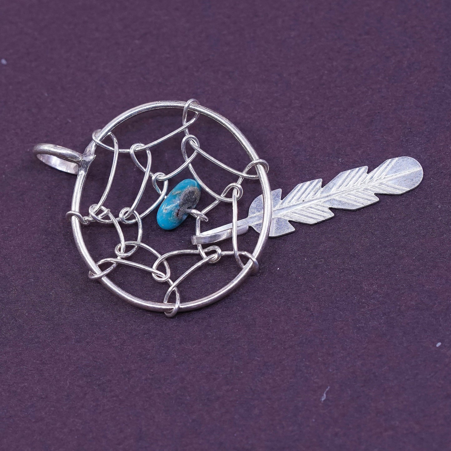 Sterling silver southwestern 925 net web pendant w/ turquoise n feather