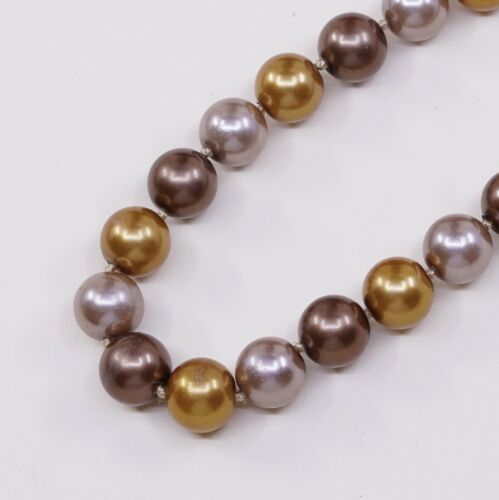 18" 12mm, Vtg handmade Golden Faux Pearl Necklace With Sterling Silver Clasp