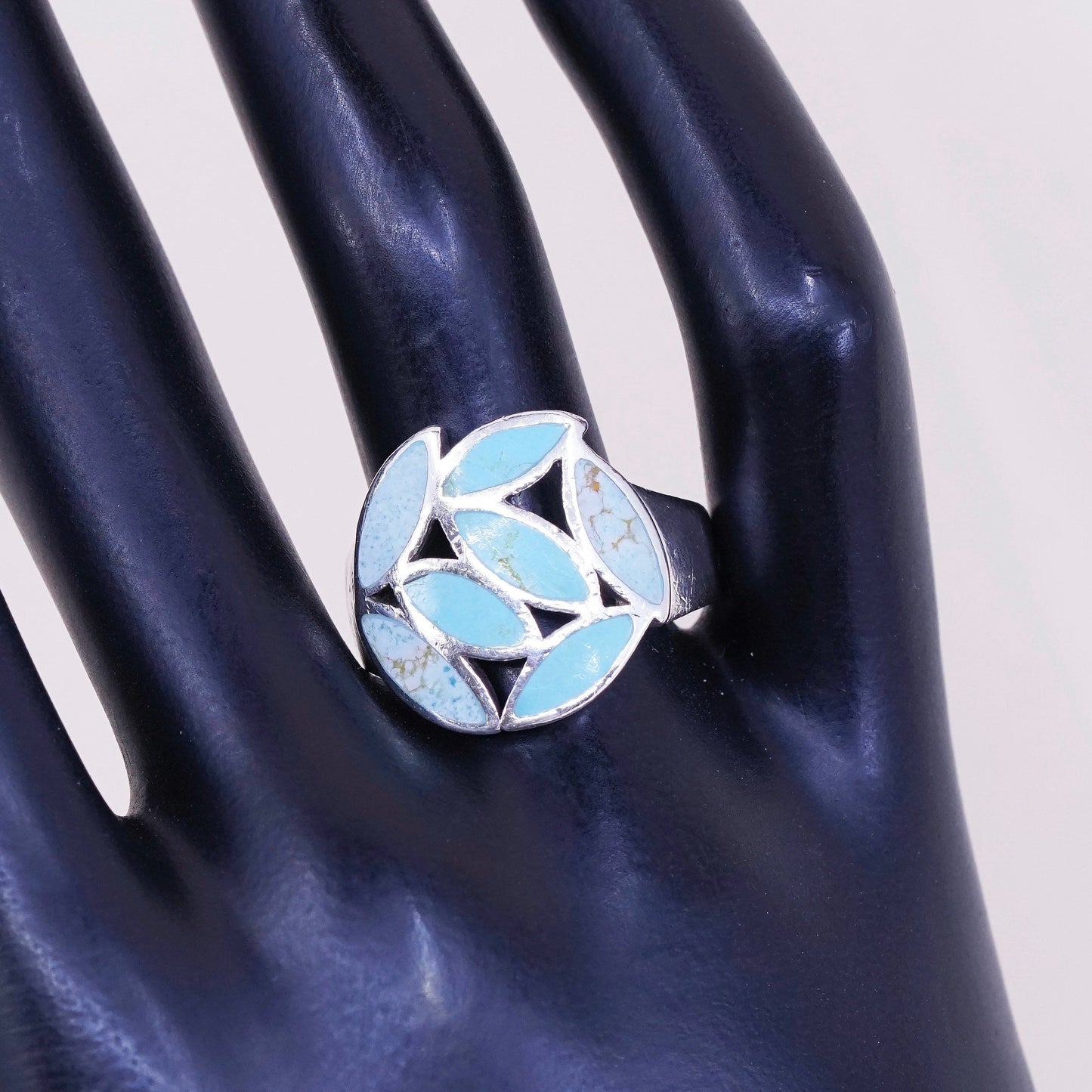 sz 8.5, vtg sterling 925 silver handmade ring with turquoise leaf, southwestern