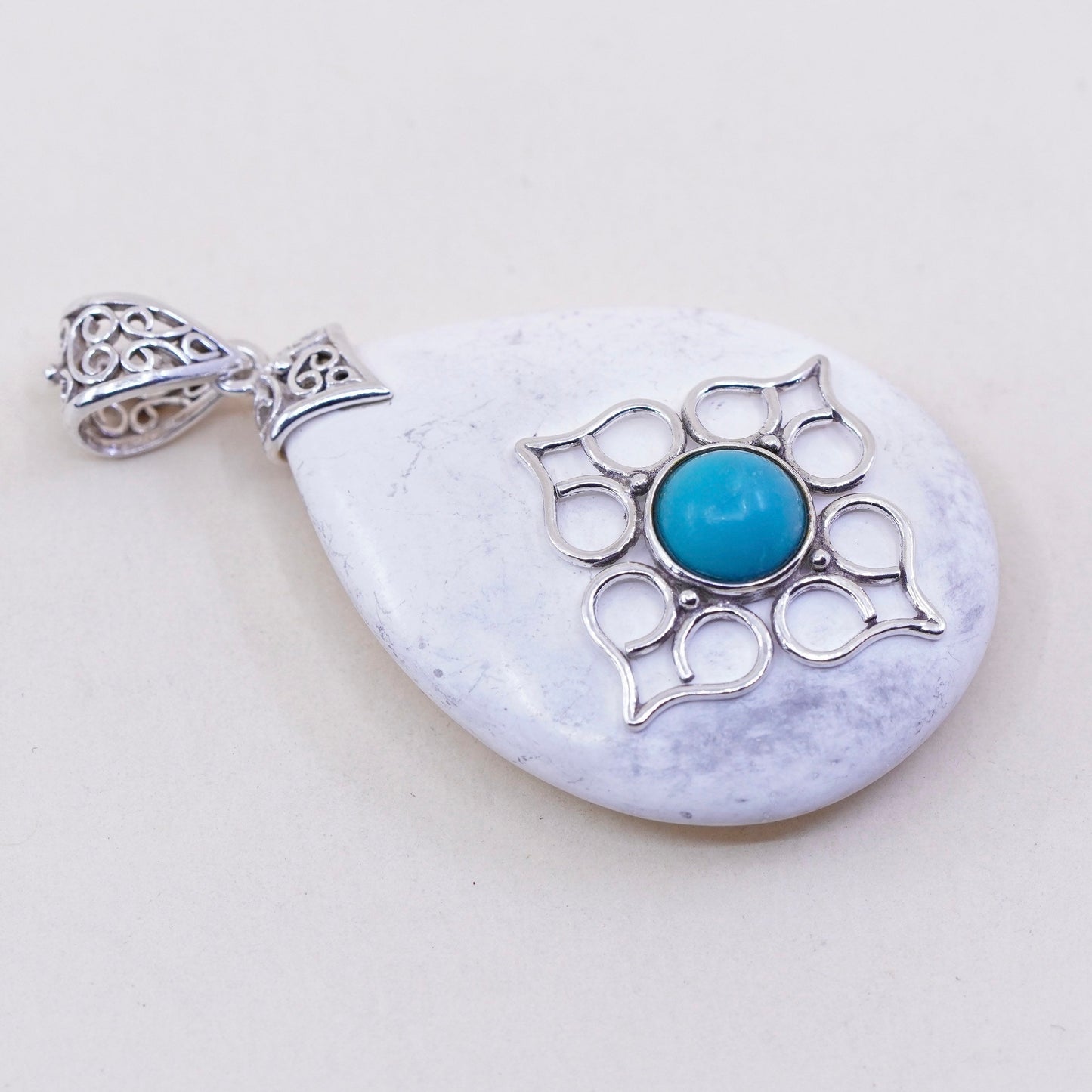 Sterling 925 silver handmade slide pendant with teardrop howlite and turquoise