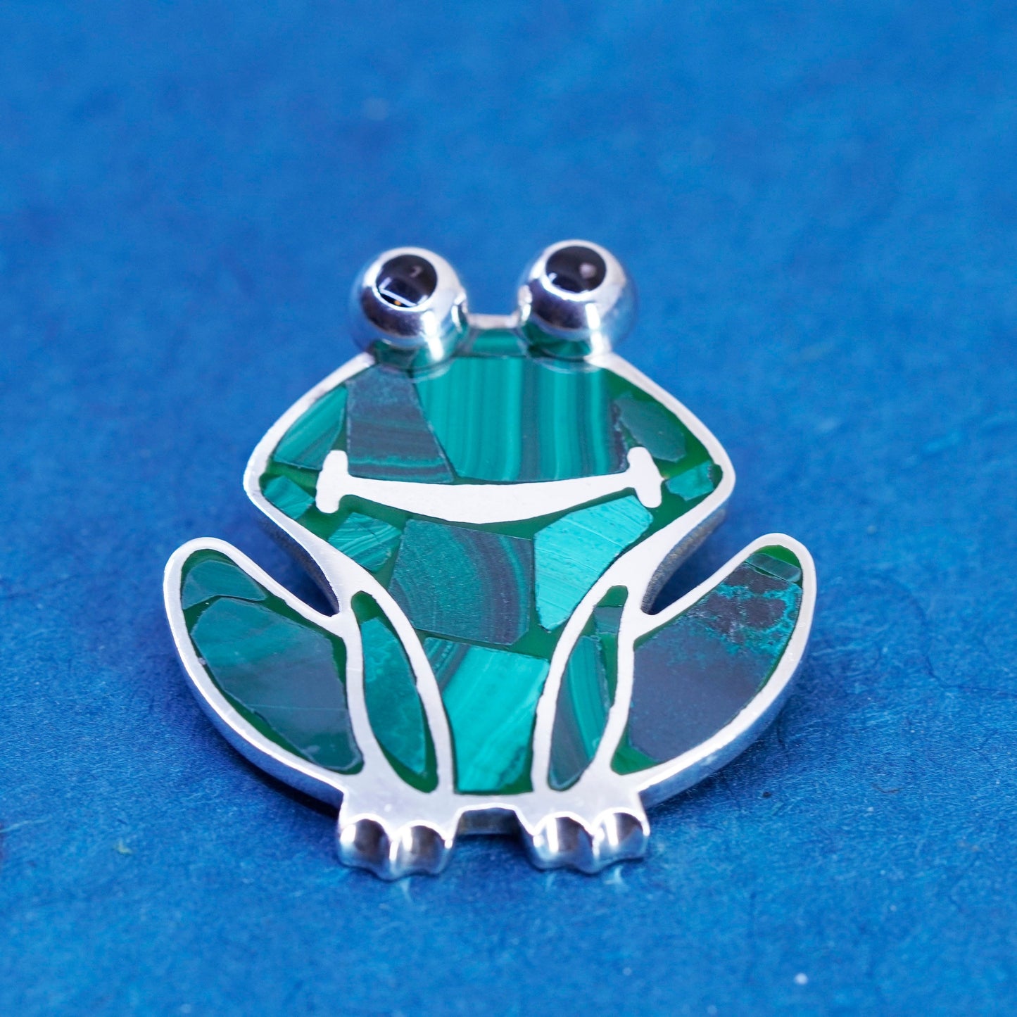 Vintage Sterling silver handmade brooch, 1950s 950 frog pin pendant malachite