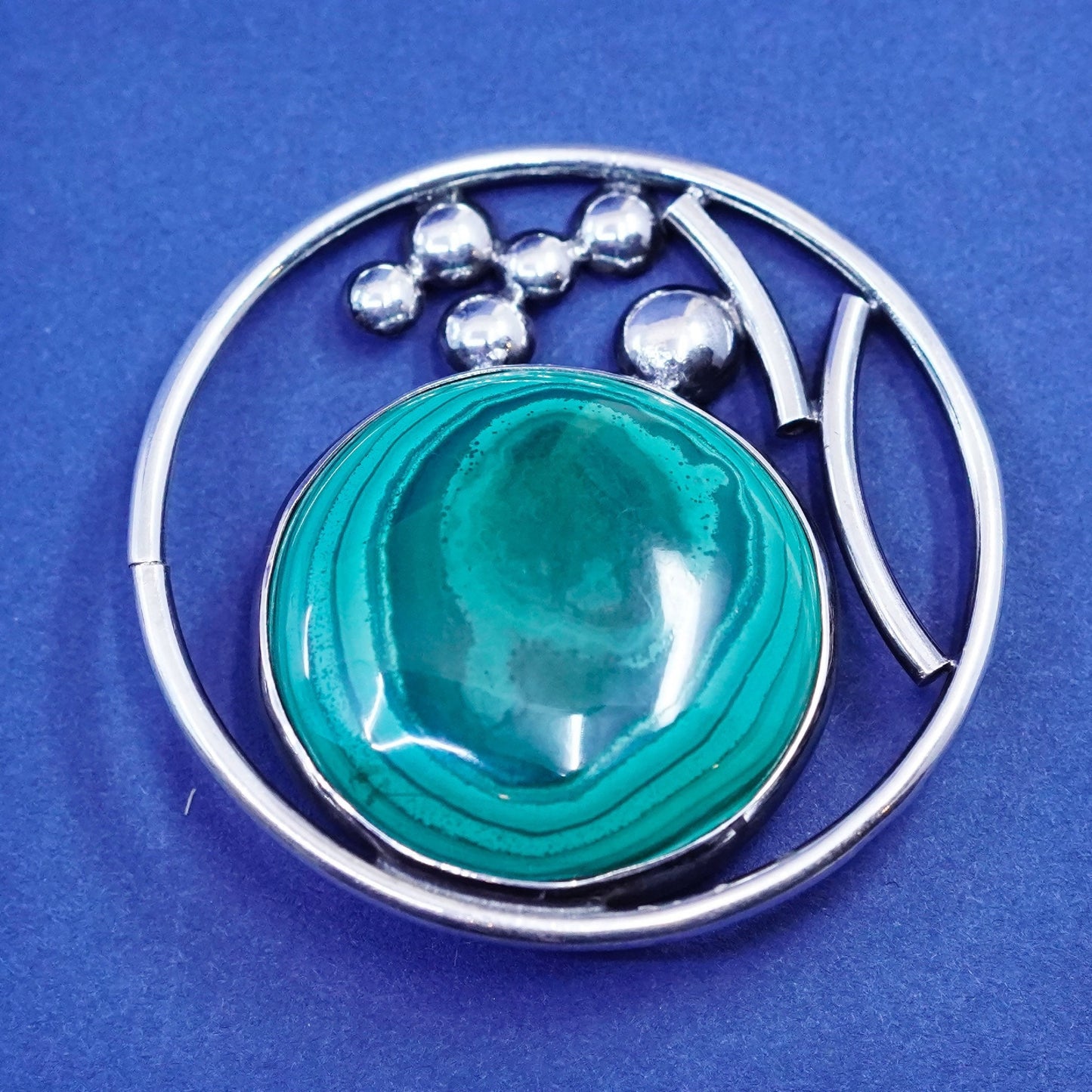 Vintage modern Sterling silver handmade circle brooch pin with malachite beads