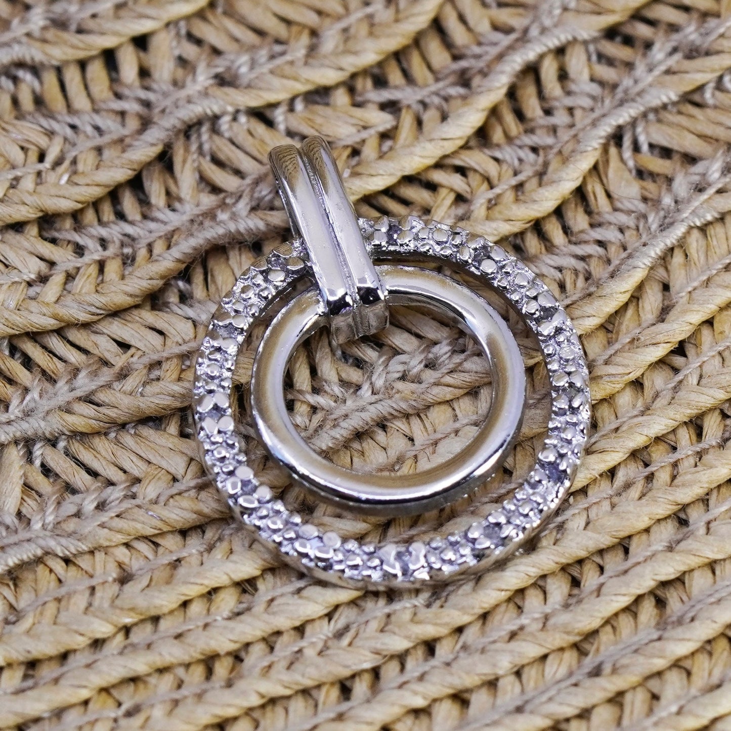 Vintage sterling silver pendant, 925 double circle with genuine diamond around