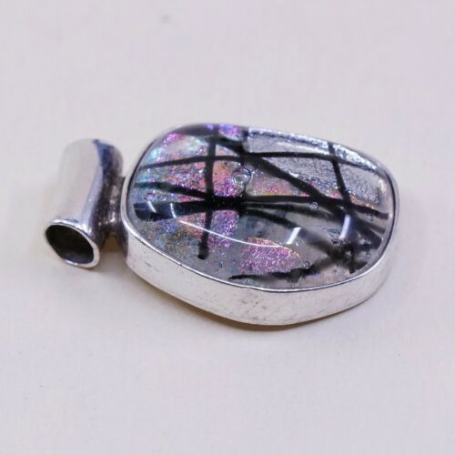 Vtg Sterling Silver Handmade Pendant, Mexico 925 Silver With Vivic Foiled Glass