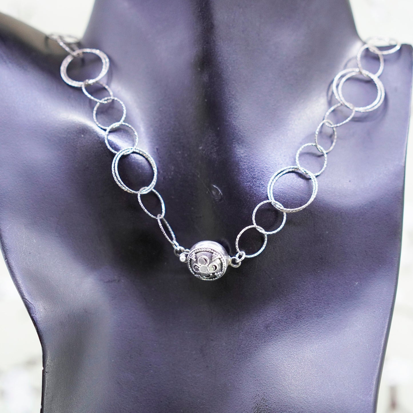 24”, sterling silver necklace, 925 handmade textured circle chain bail clasp