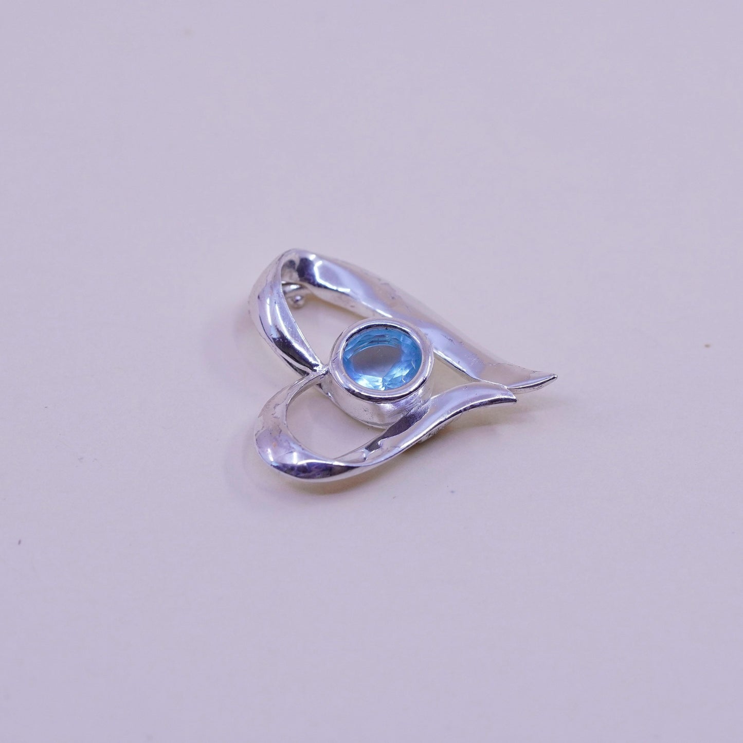 Vintage sterling 925 silver heart pendant with blue Cz