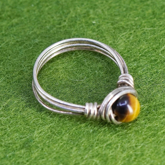 Size 6.5, vintage sterling 925 silver handmade wired ring with tiger eye bead