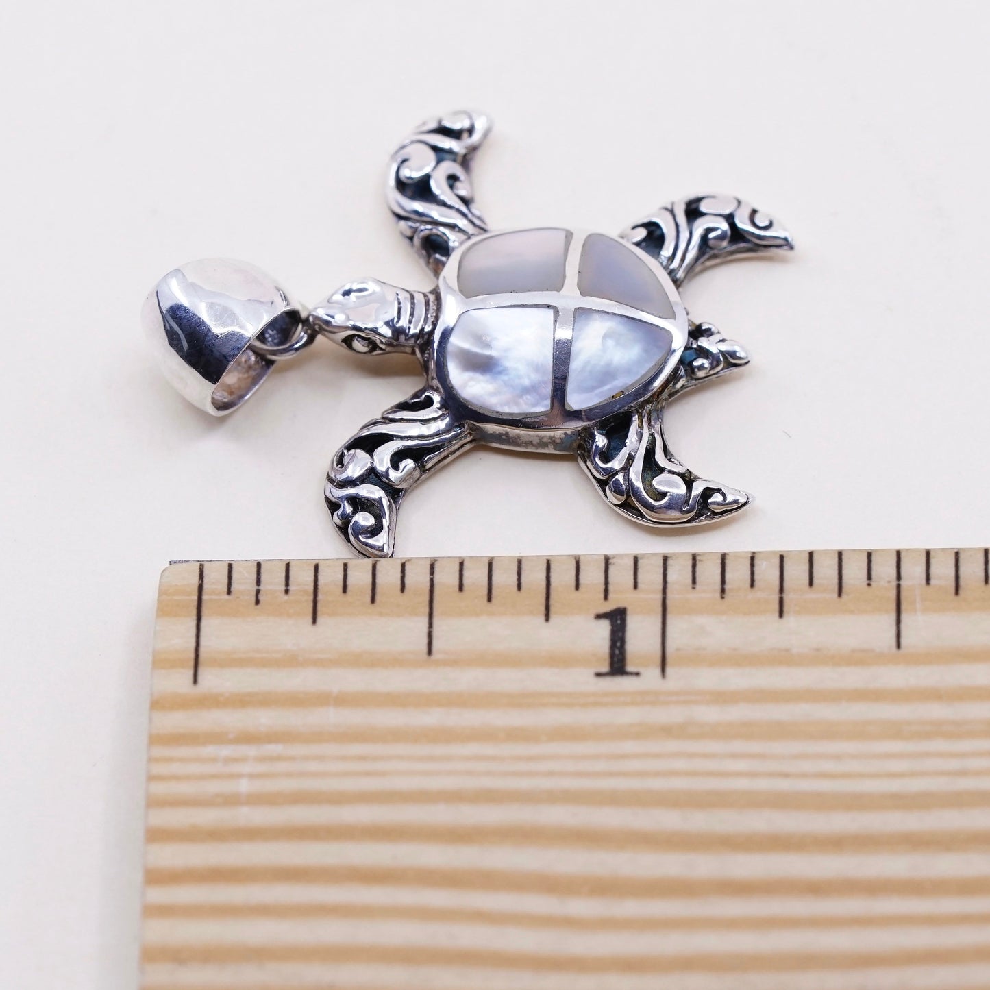 vtg sterling silver handmade pendant 925 filigree sea turtle w/ mother of pearl