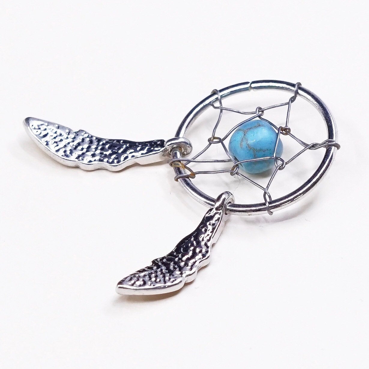 Sterling silver handmade pendant, 925 circle net charm w/ turquoise n feather