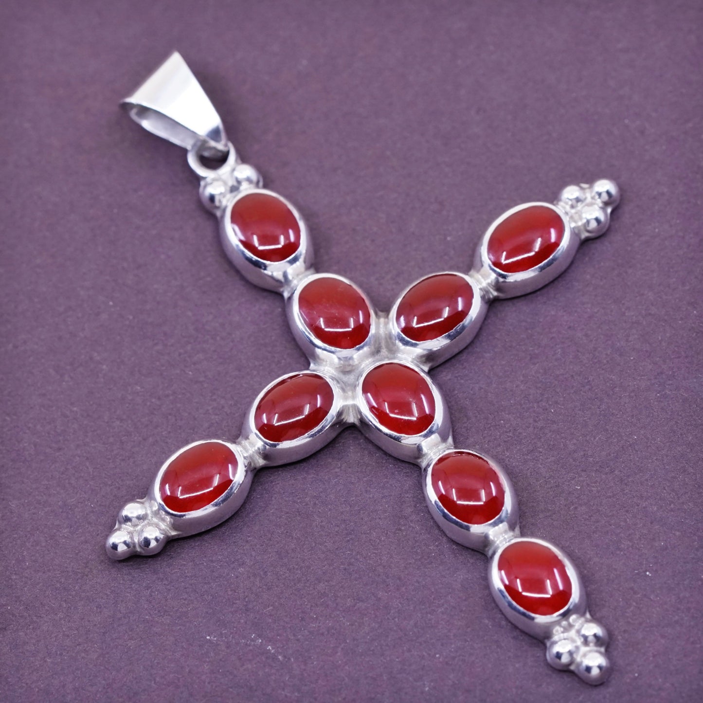 Vintage Sterling silver handmade pendant, huge 925 cross with carnelian