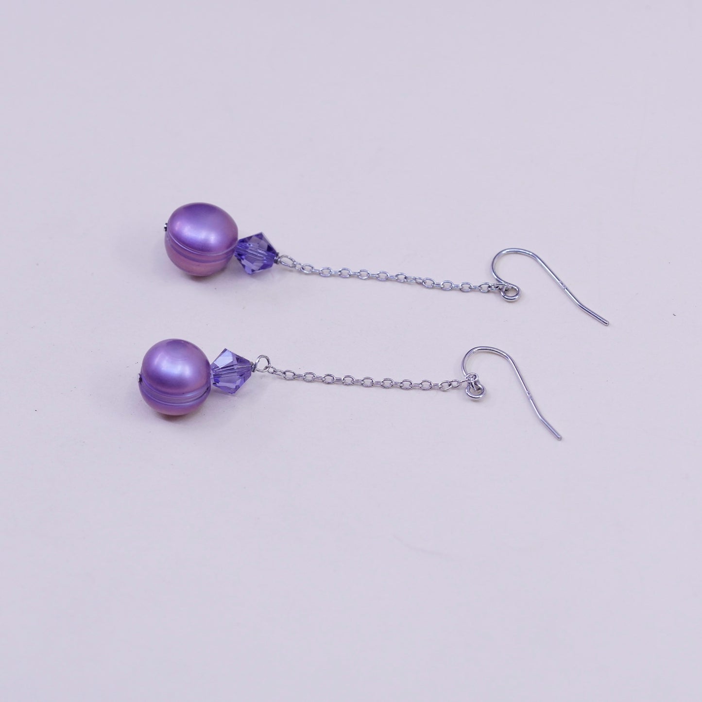 Vintage Sterling silver handmade earrings, 925 chain with purple pearl drops