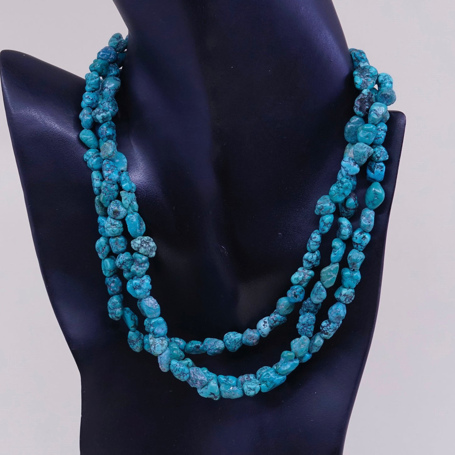 14+2”, turquoise beads necklace, sterling silver 925 w/ spiderwebbed turquoise