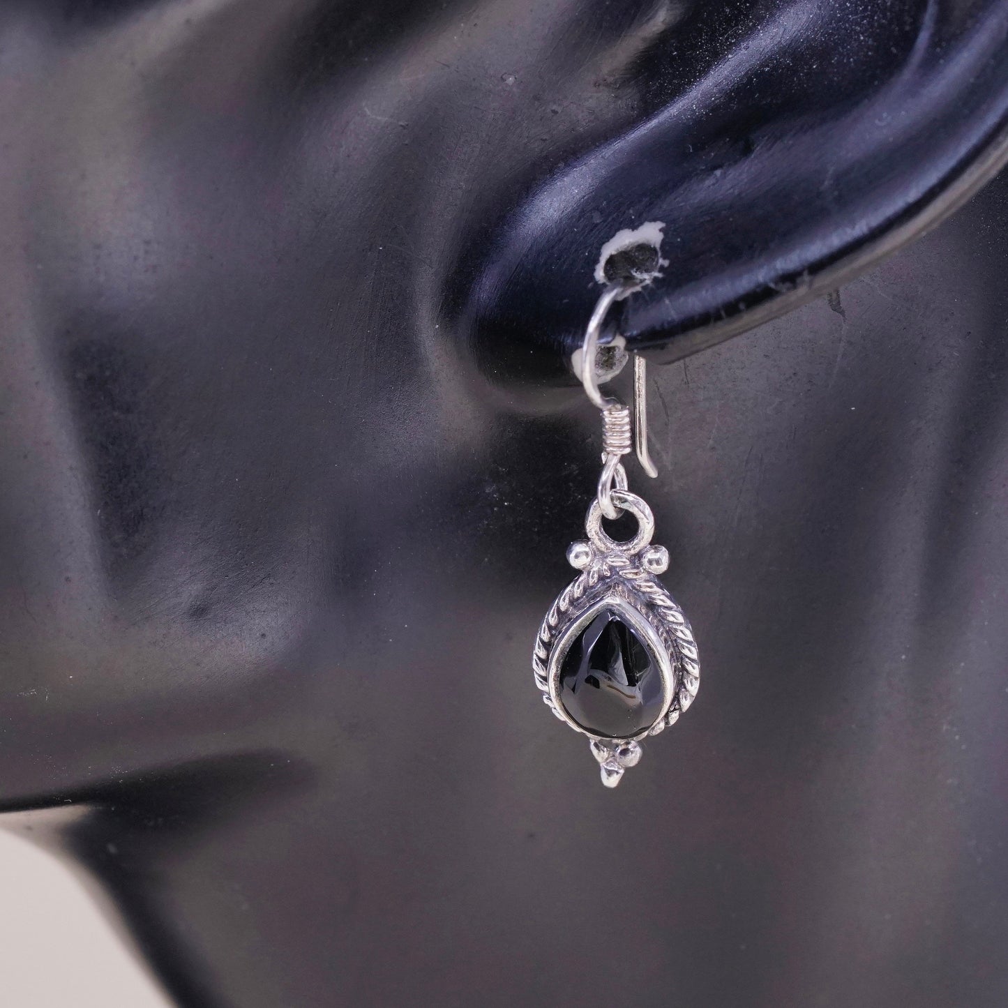 Vintage Sterling silver handmade earrings, 925 teardrop obsidian with cable