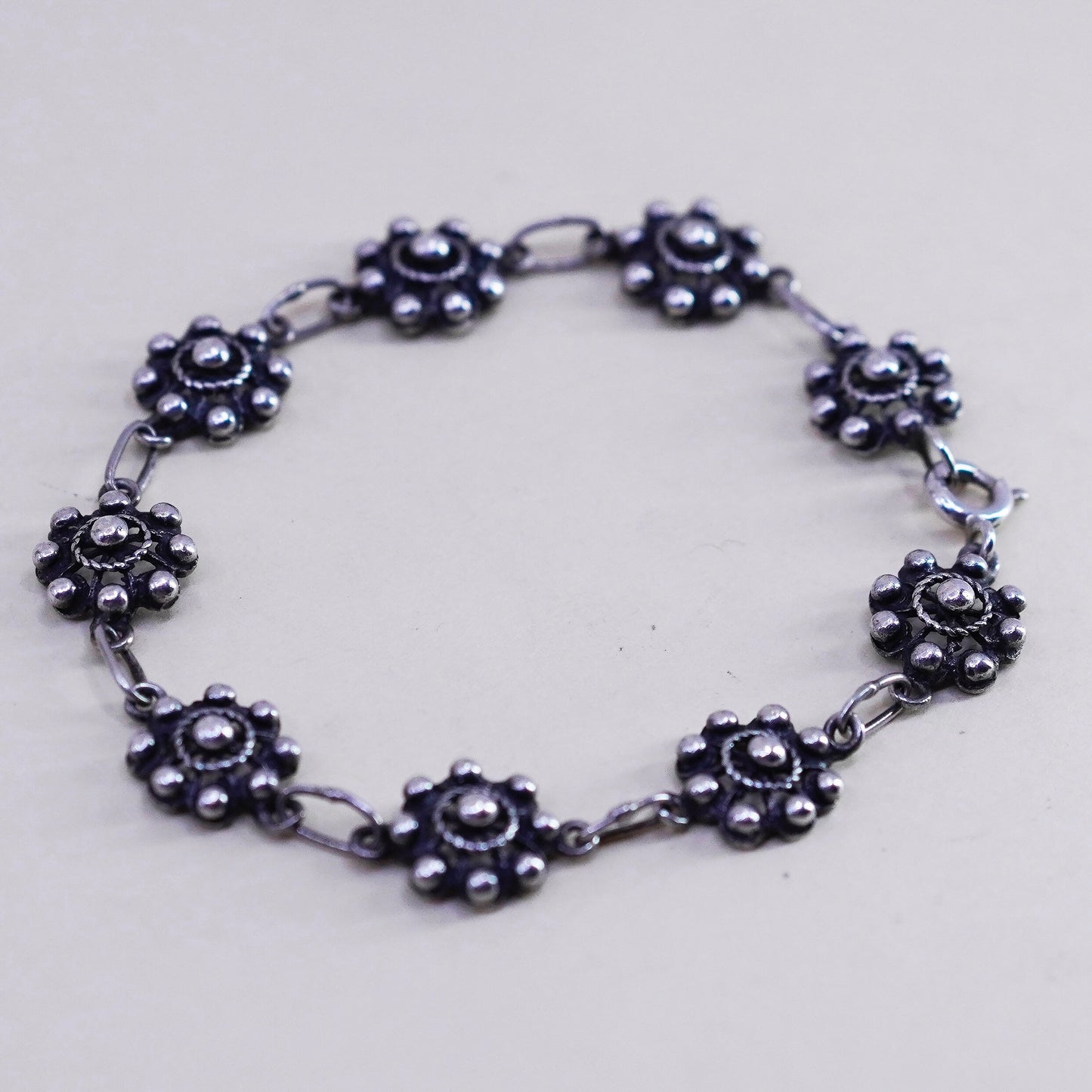 6.75”, sterling silver handmade bracelet, 925 flower beads, handmade jewelry