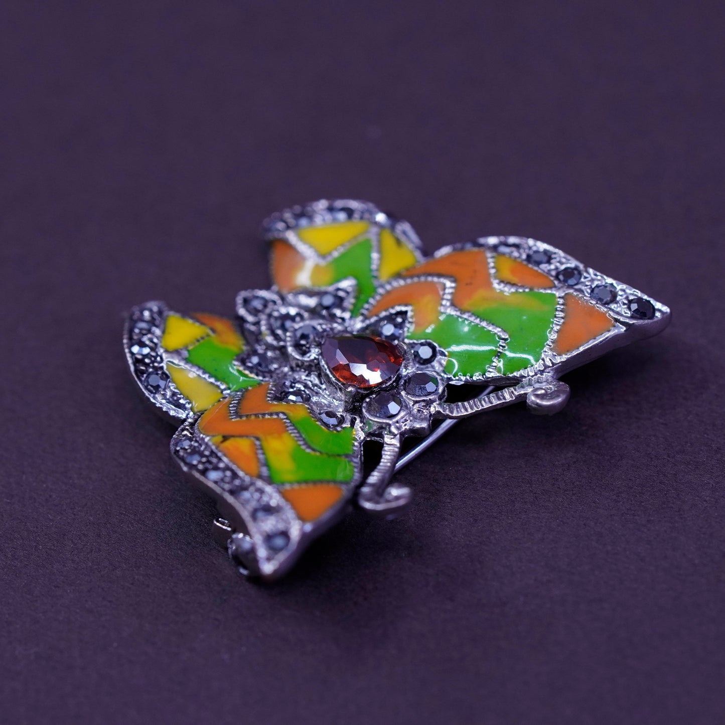 Art Deco southwestern sterling 925 silver butterfly brooch with ruby enamel