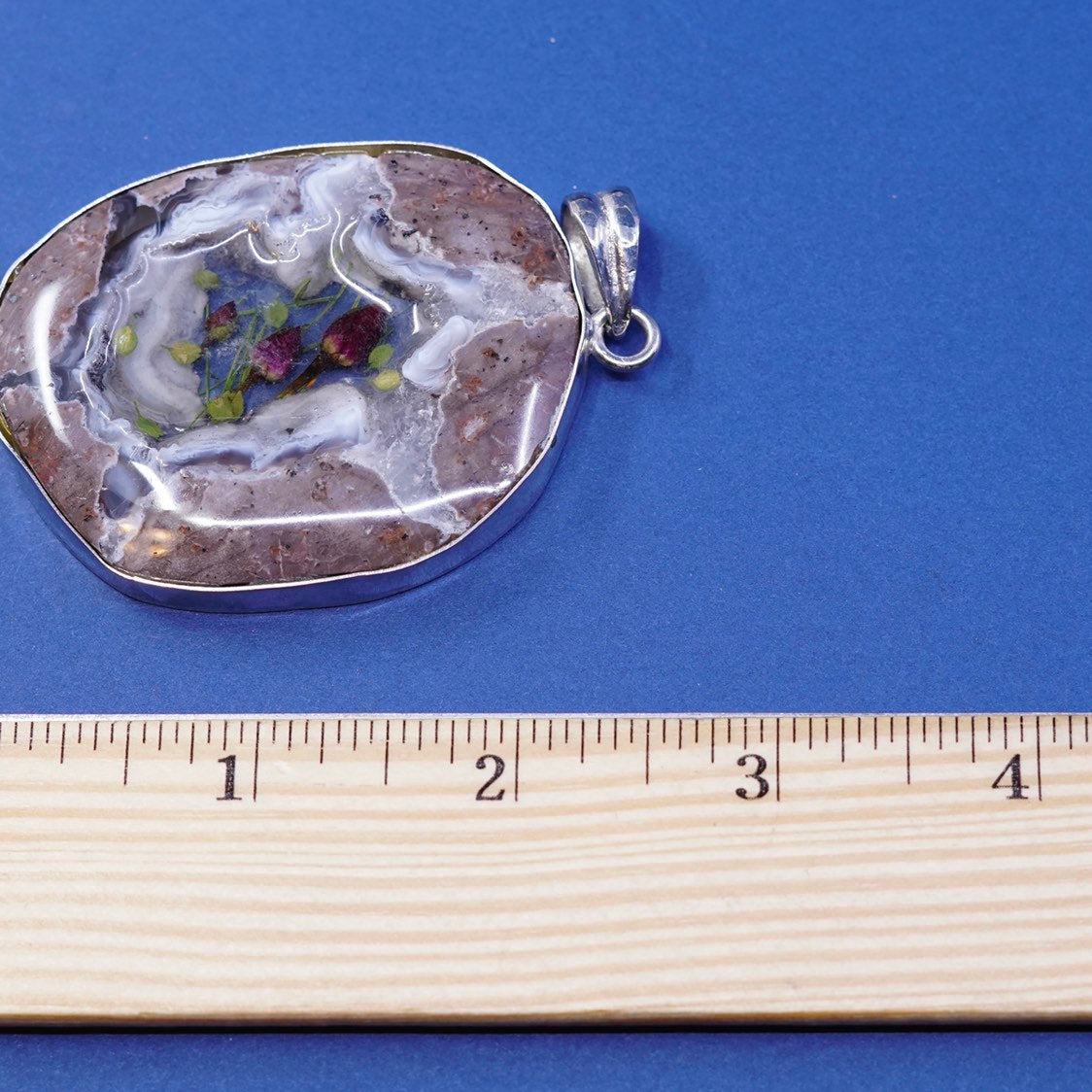 vtg Sterling silver handmade pendant, 925 pendant w/ agate N resin flower