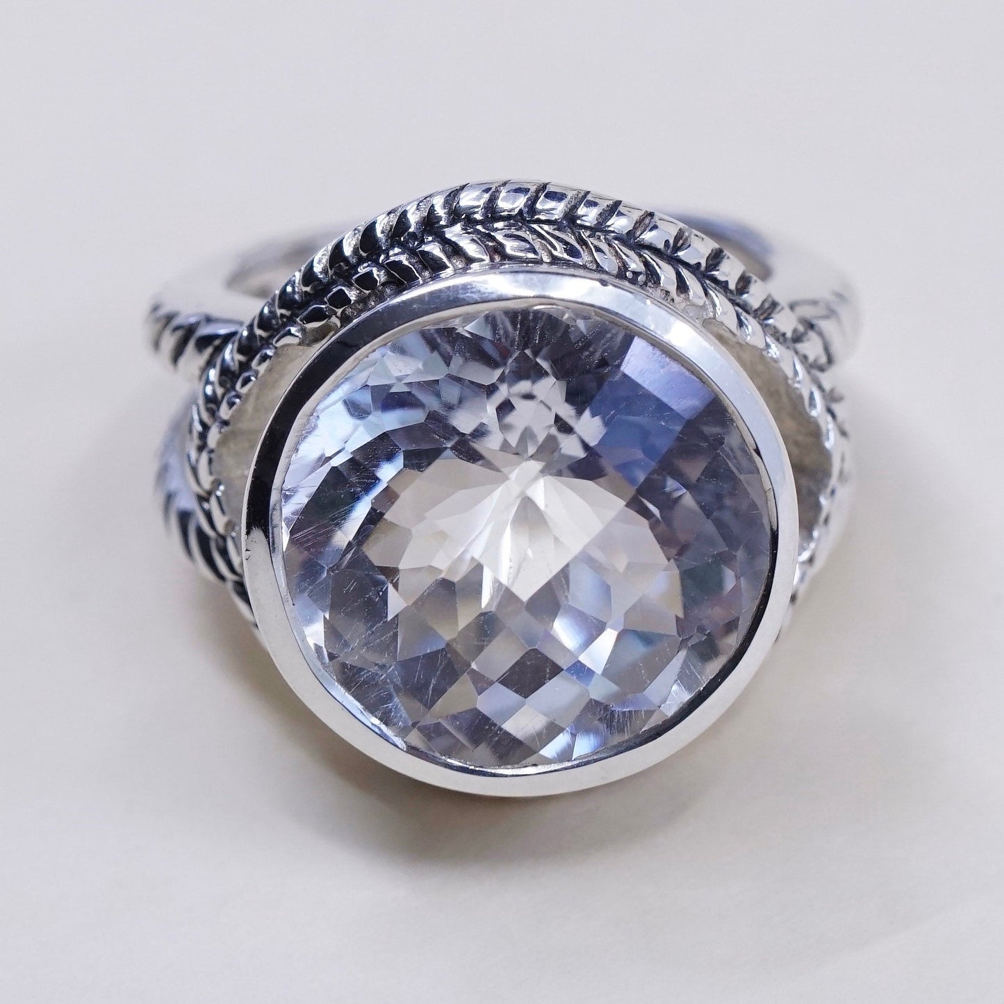 sz 6, vtg Sterling 925 silver handmade cocktail ring w/ crystal