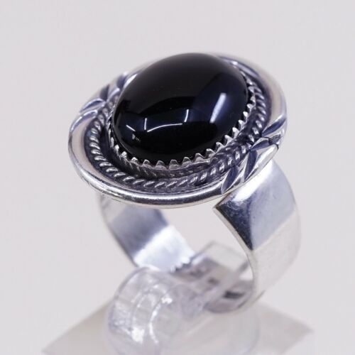 Sz 8, Native American Navajo Sterling 925 Silver Handmade Ring W/ Obsidian