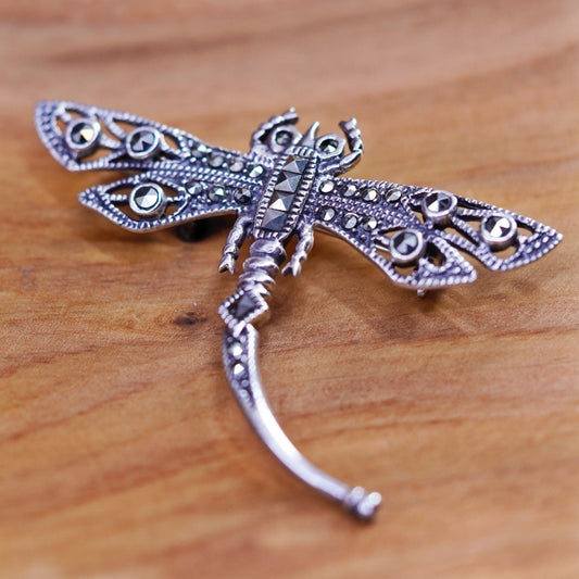 Vintage meixco handmade sterling 925 silver dragonfly brooch with marcasite.