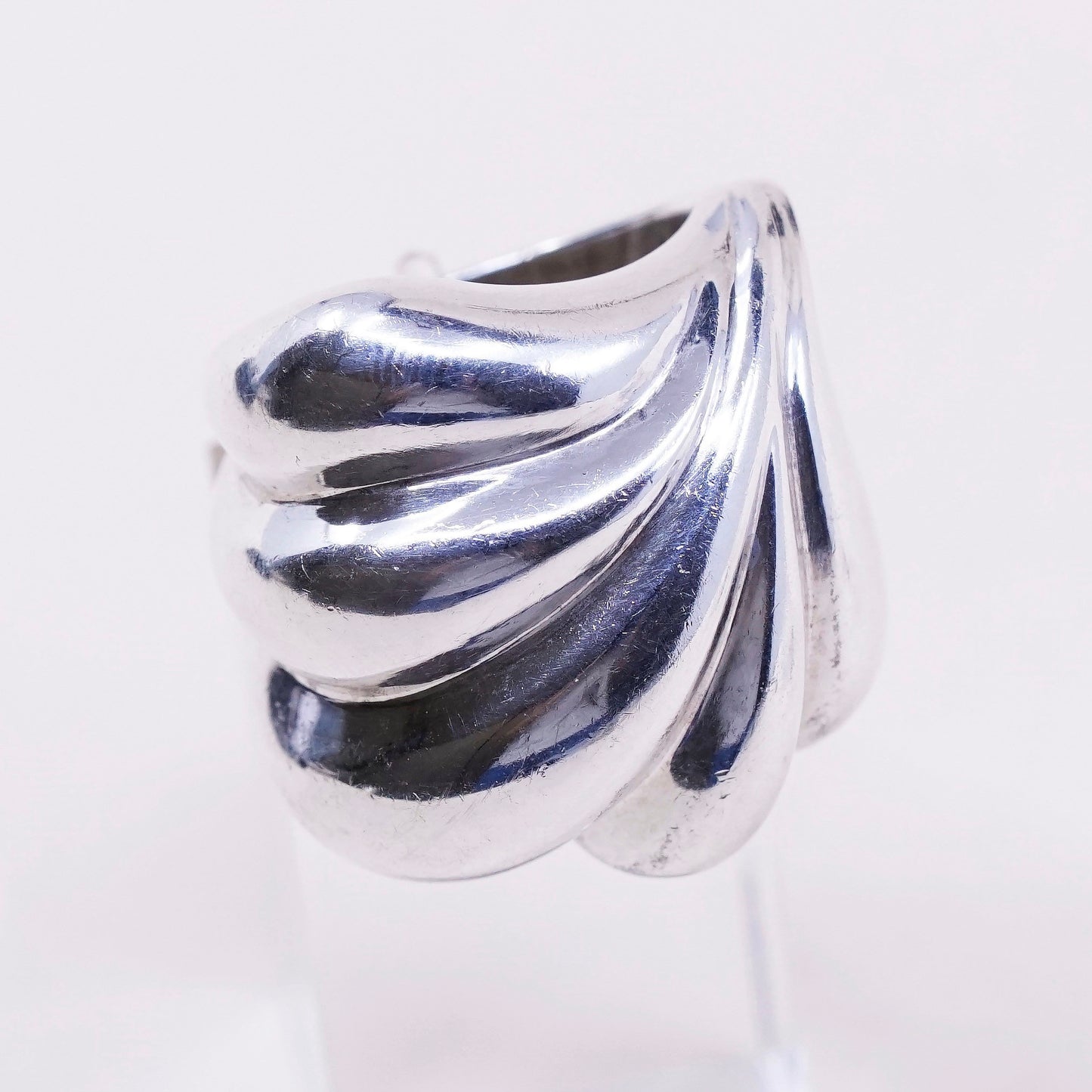 sz 6.75, vtg PE sterling silver handmade ribbed ring, Mexico 925 ribbed band