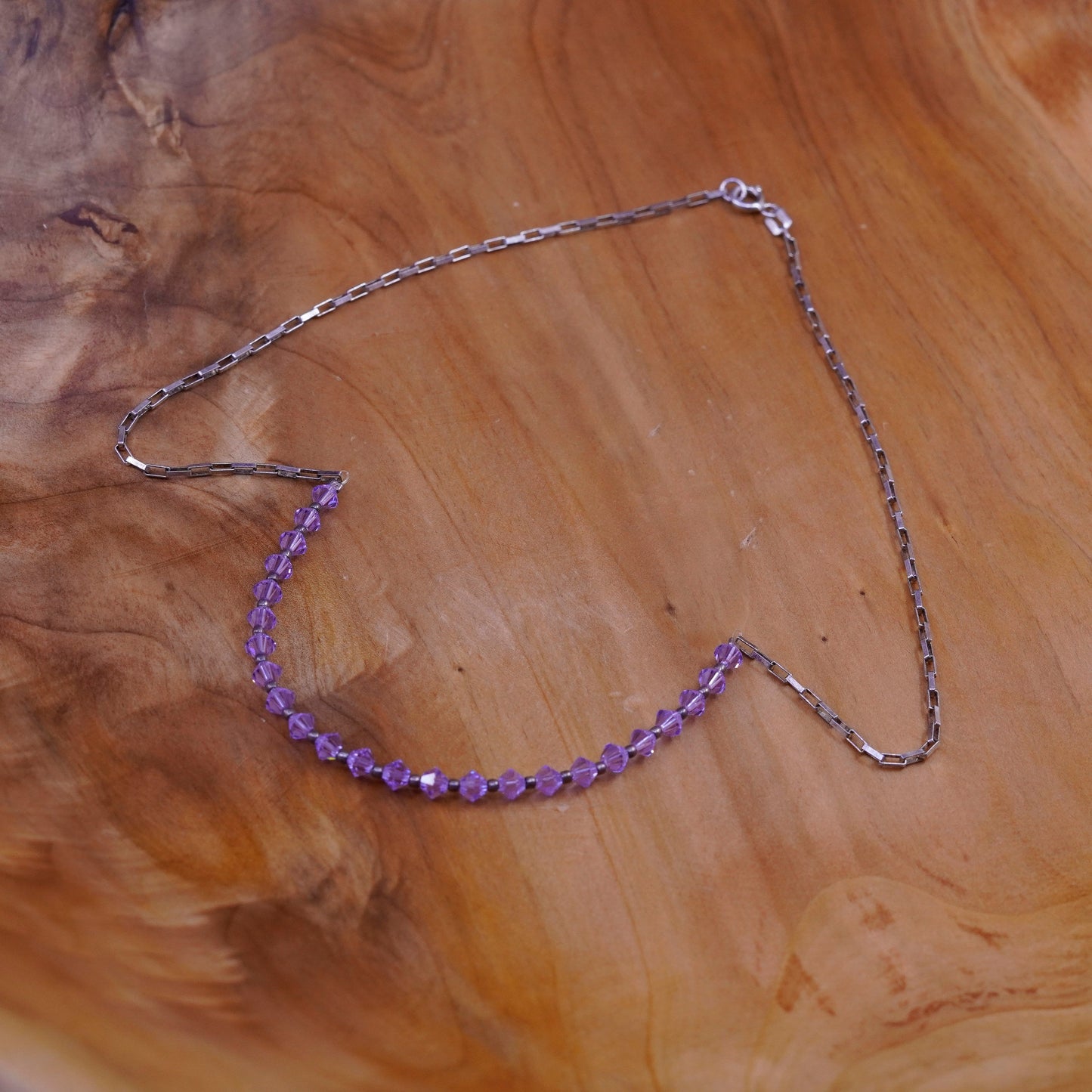 16”, Sterling silver Handmade necklace, elongated 925 chain with amethyst beads