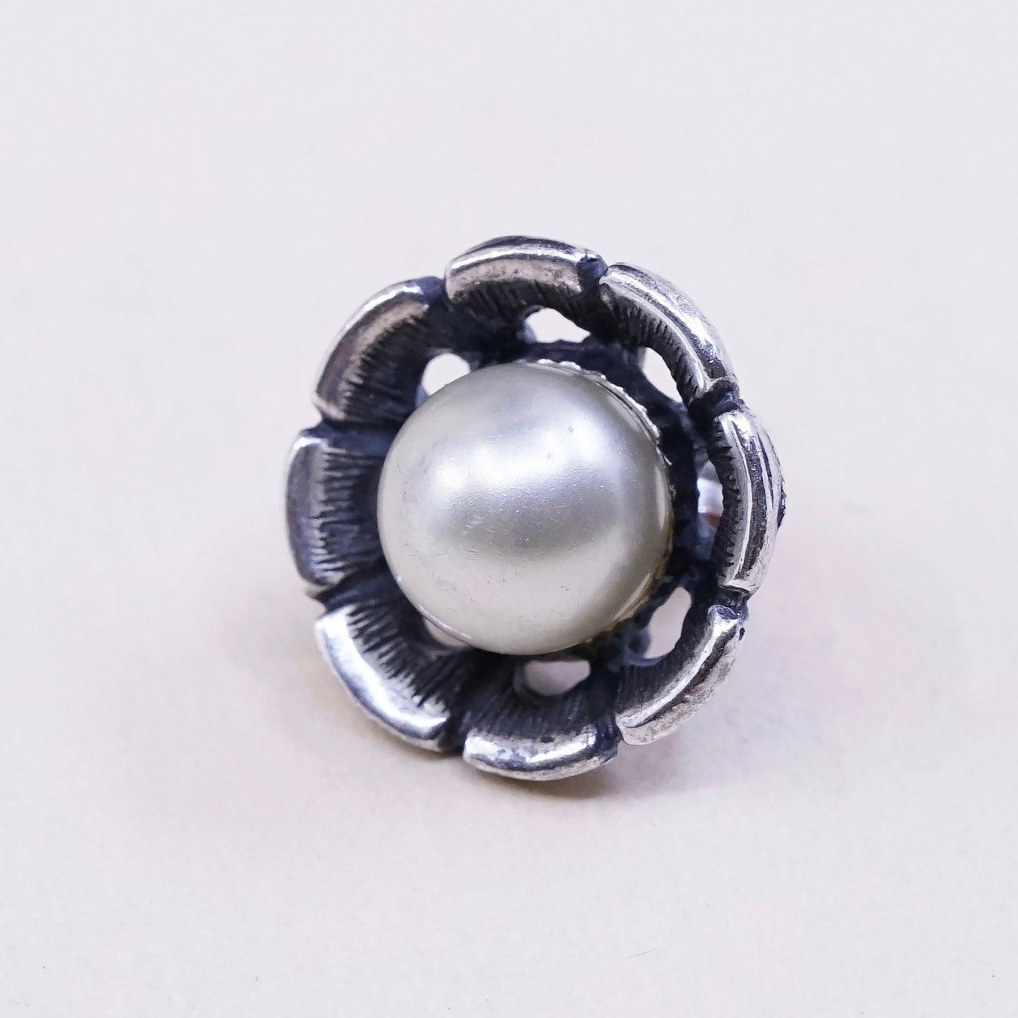 Vintage Sterling silver handmade earrings, 925 flower studs with pearl