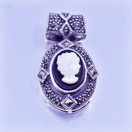 Sterling 925 silver handmade pendant mother of pearl cameo girl marcasite