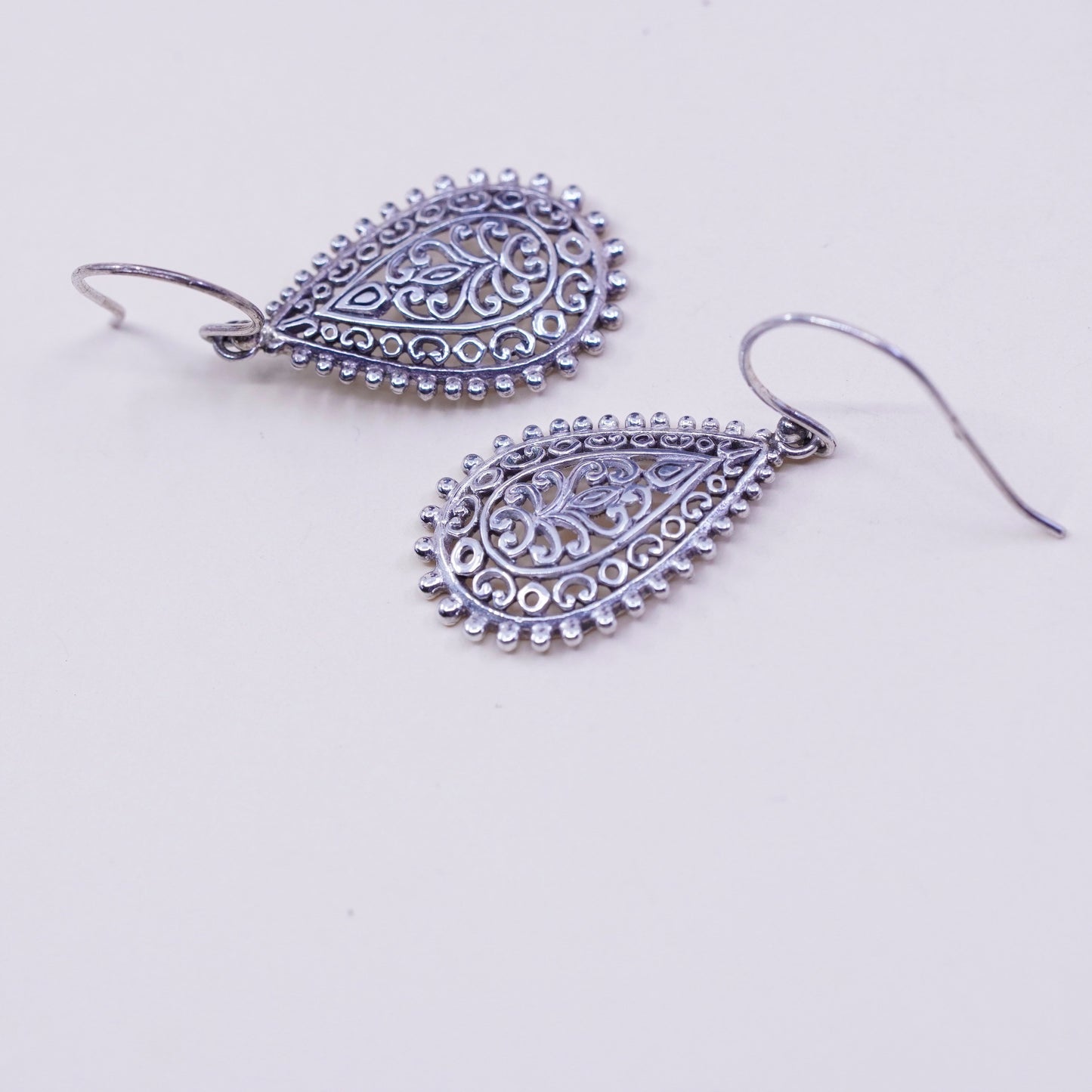 Vintage ATI Sterling silver handmade earrings, 925 filigree teardrop, stamped ATI 925